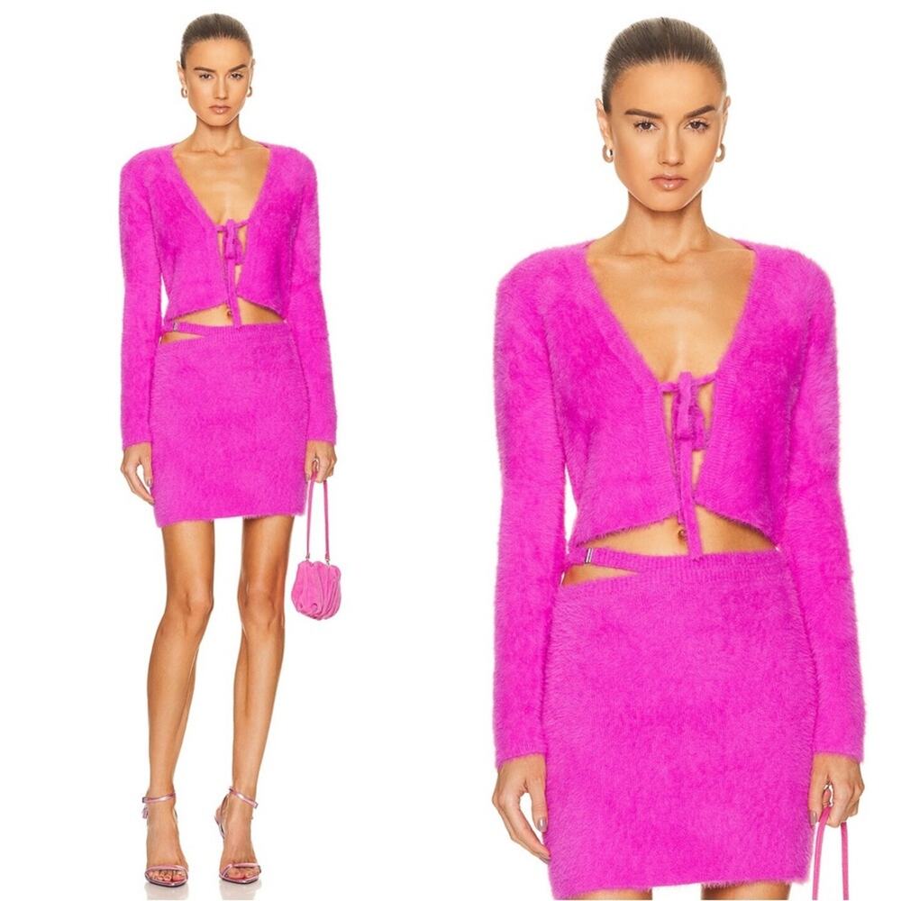 JONATHAN SIMKHAI Axel Fuzzy Knit Hot Pink Cardigan and Paytra Skirt Set Sz L
